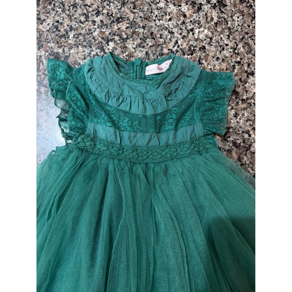 Colorful Childhood Girl Emerald Green Lace Tulle Party Dress Sz 6 Flutter Sleeve